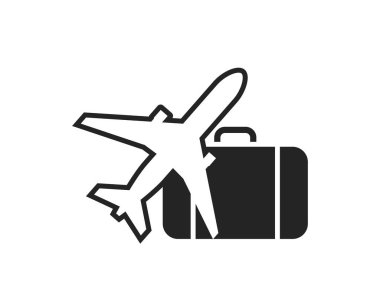 Uçak ve bagaj ikonu. Hava yolculuğu, tatil ve seyahat sembolü. Turizm tasarımı için izole vektör görüntüsü