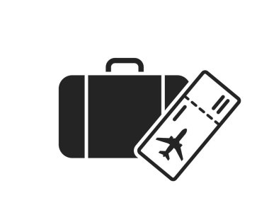Hava taşıma ikonu. Bavul ve uçuş bileti. tatil ve seyahat sembolü. turizm tasarımı için siyah ve beyaz vektör görüntüsü