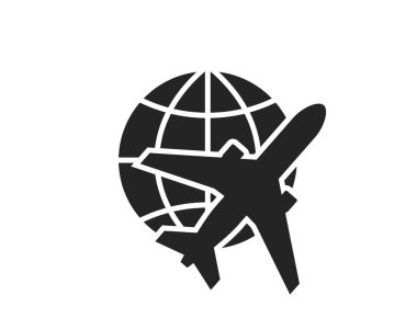 Hava yolculuğu ikonu. uçak ve küre. Tatil, seyahat ve havacılık sembolü. Turizm tasarımı için izole vektör görüntüsü