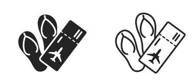 Yaz tatilinde daire ve çizgi simgeleri. Parmak arası terlikler ve uçuş bileti. Deniz yolculuğu ve plaj sembolleri. Turizm tasarımı için izole vektör resimleri