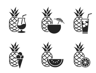 Yaz meşrubatları ve meyve ikonları. içecek, kokteyl ve ananas sembolleri. Tatil tasarımı için izole vektör çizimleri