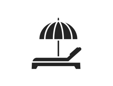 Güneş şemsiyesi ve güneş yatağı düz ikonu. Deniz plajı ve tatil sembolü. Turizm tasarımı için izole vektör görüntüsü