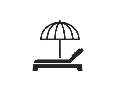 Güneş şemsiyesi ve güneş yatağı ikonu. Deniz plajı ve tatil sembolü. Turizm tasarımı için izole vektör görüntüsü