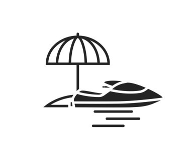 Güneş şemsiyesi ve jet ski ikonu. Deniz plajı ve tatil sembolü. Turizm tasarımı için izole vektör görüntüsü