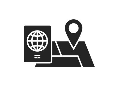 Konum şifresi ve pasaport simgesi olan harita. seyahat, tatil ve seyahat sembolü. Turizm tasarımı için izole vektör görüntüsü