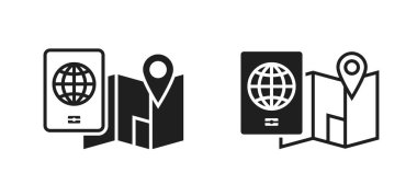 Harita ve pasaport simgeleri. Tatil, seyahat ve seyahat sembolleri. Turizm tasarımı için izole vektör resimleri