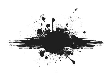 Leke ve sıçrama ile siyah mürekkep fırçası vuruşu. Grunge boya dokusu. Basit bir şekilde izole edilmiş vektör resmi