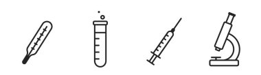 Tıbbi hat simgeleri. Şırınga, termometre, test tüpü ve mikroskop sembolleri. Basit şekilde izole edilmiş vektör resimleri