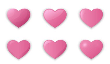 Gönüllü kalp ayarlandı. Sevgililer Günü modaya uygun pembe renkte elementler tasarlıyor. Aşk ve romantik semboller. Vektör 3 boyutlu resimler