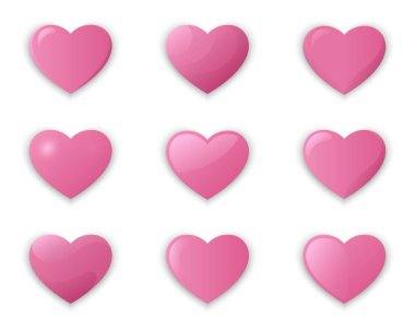 Gönüllü kalp ikonu ayarlandı. Sevgililer Günü tasarım elementleri. Aşk ve romantik semboller moda pembe tonda. Vektör 3 boyutlu resimler