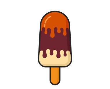 Çikolatalı dondurma ve karamelli tatlı sosu. Soğuk tatlı ve yaz yemeği. İzole vektör resmi