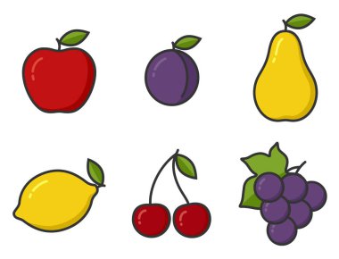 Meyve örnekleme seti. Bahçıvanlık, tarım ve hasat sembolleri. Taze organik gıdalar. İzole vektör resimleri