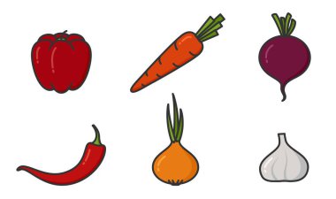 Sebze çizimleri. Doğal gıda ve hasat sembolleri. Doğal organik gıdalar. İzole vektör resimleri