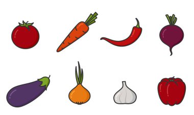 Sekiz farklı sebzeden oluşan karikatür tarzı illüstrasyon. Ekme ve hasat sembolleri.