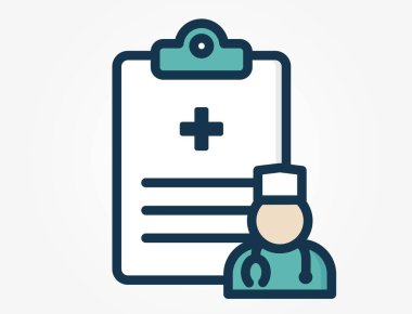 Doktoru birleştiren bir simge bir panonun üzerinde duruyor. Bu görüntü hasta kayıtlarını, tıbbi belgeleri ya da hastanın geçmişini inceleyen bir doktoru temsil ediyor..