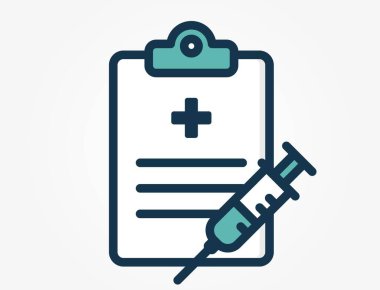 Belge ve şırıngalı bir pano simgesi. Bu resim aşı kayıtlarını, aşı belgelerini ya da enjeksiyon ya da tedavi için tıbbi yetki belgesini temsil etmektedir..