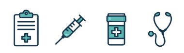 Tıbbi ikon koleksiyonu. Tıbbi haçlı pano, şırınga (enjeksiyonlar, aşılar için), ilaç şişesi ve stetoskop (fiziksel muayene için)).