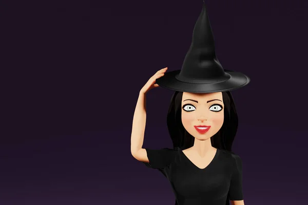 Personnage Femme Costume Halloween Sorcière Avec Chapeau Sur Fond Sombre — Photo