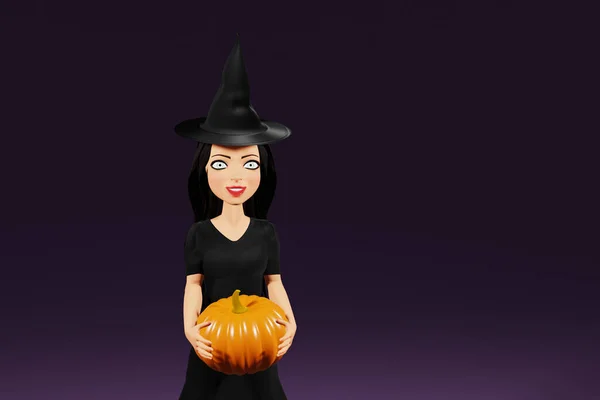 Kobieta Postać Stroju Czarownicy Halloween Kapeluszem Trzymając Dynię Ciemnym Tle — Zdjęcie stockowe