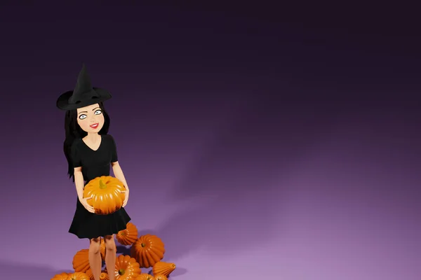 Női Karakter Boszorkány Halloween Jelmez Kalap Tartja Tök Sötét Háttérben — Stock Fotó