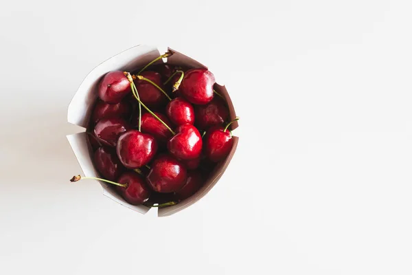 Fresh Red Cherry White Table Top View — Stock Photo, Image