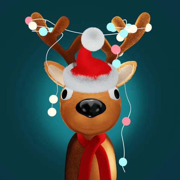 Cute Christmas Reindeer Figurine Colorful Lights Render — Stock Photo, Image