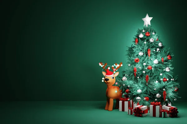 クリスマスツリーとカラフルなライトを持つかわいいクリスマストナカイの置物 3Dレンダリング — ストック写真