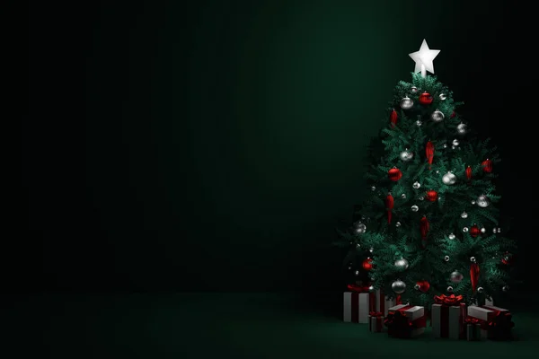 濃い緑色の背景にギフトボックス付きのクリスマスツリー 3Dレンダリング — ストック写真