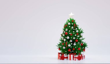 Beyaz arka planda hediye kutusu olan Noel ağacı. 3d hazırlayıcı