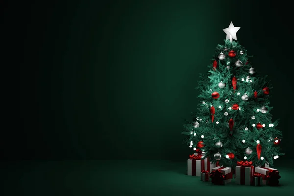 Weihnachtsbaum Mit Geschenkbox Auf Dunkelgrünem Hintergrund Darstellung — Stockfoto