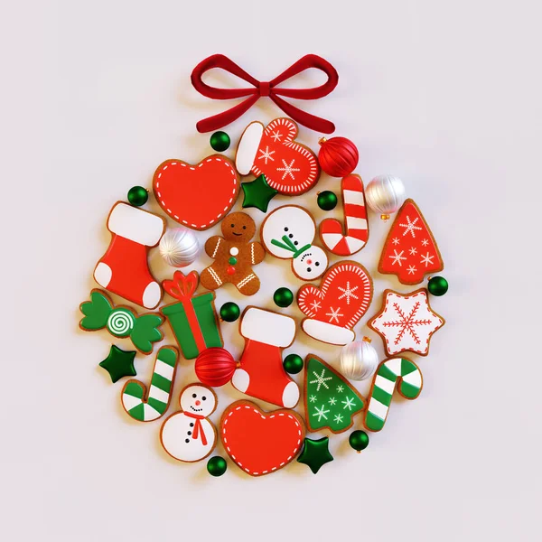 Creative Christmas Ball Made Iced Gingerbread Cookies Balls Render — Stock Photo, Image
