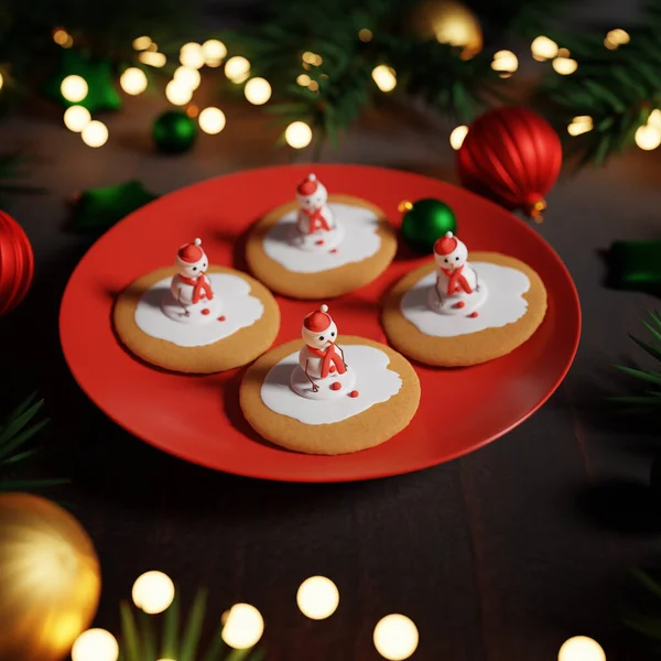 Melting Snowman Christmas Cookies Red Plate Render — Stock Photo, Image