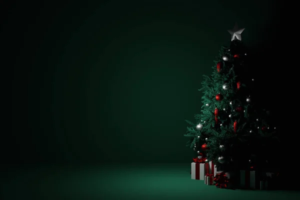 Árbol Navidad Con Caja Regalo Sobre Fondo Verde Oscuro Renderizar —  Fotos de Stock