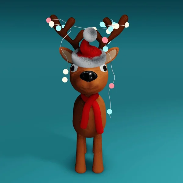 Cute Christmas Reindeer Figurine Colorful Lights Render — Stock Photo, Image