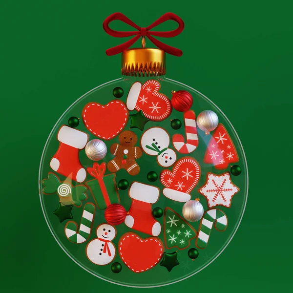 アイスジンジャーブレッドクッキーとボールで作られた創造的なクリスマスボール 3Dレンダリング — ストック写真