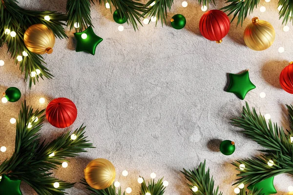 具体的な背景に緑 黄色の装飾が施されたクリスマスの背景 最上階だ コピースペース メリークリスマスと幸せな新年のお祝いの概念 モックアップ 3Dレンダリング — ストック写真