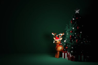 Noel ağacı ve renkli ışıkları olan şirin bir Noel geyiği heykelciği. 3 Boyutlu Hazırlama