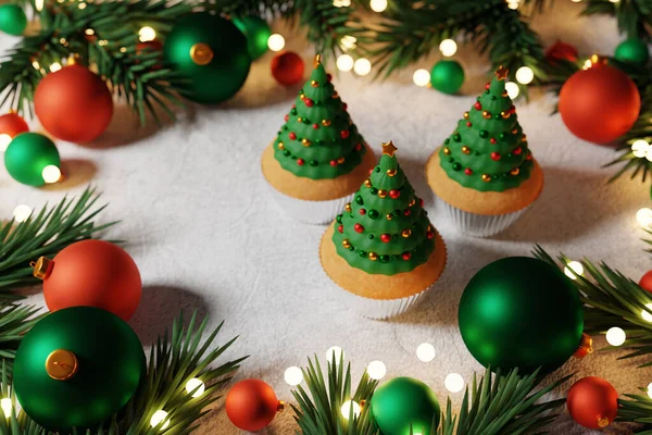 Cupcakes Sapin Noël Contre Les Lumières Noël Rendu — Photo