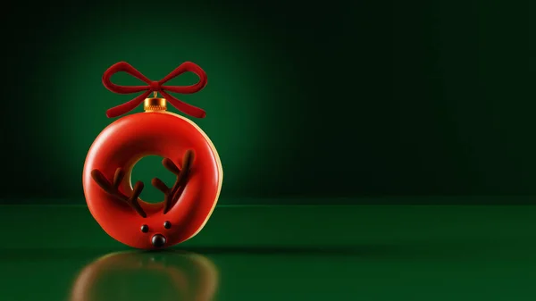 暗い緑の背景にボールの形としてドーナツクリスマス鹿 3Dレンダリング — ストック写真