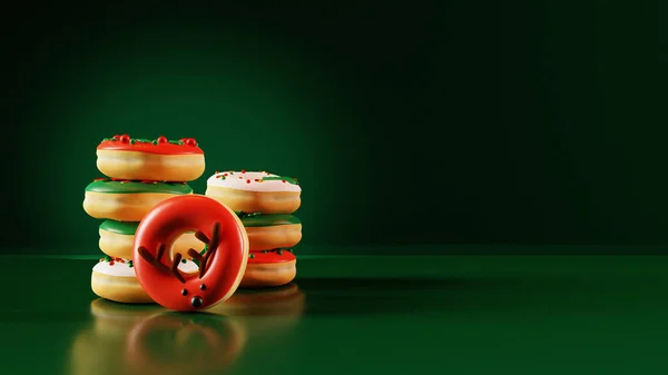 Куча Разнообразных Рождественских Пончиков Темно Зеленом Фоне Рендеринг — стоковое фото