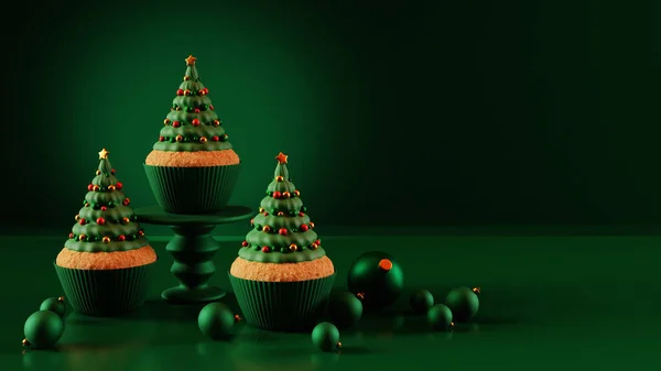 Kerst Spar Boom Cupcakes Donkergroene Achtergrond Weergave — Stockfoto