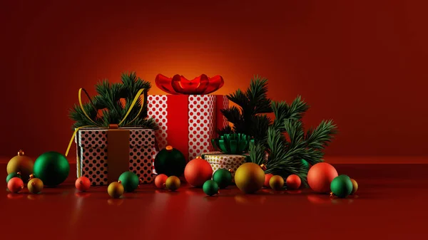 Gift Boxes Christmas Decoration Dark Red Background Render — Stock Photo, Image