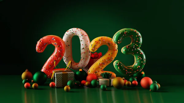 2023 Date Assorted Donats Green Background Merry Christmas Happy New — Stock Photo, Image
