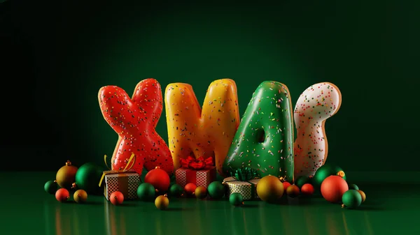 Słowo Boże Narodzenie Różnych Darczyńców Zielonym Tle Wesołych Świąt Szczęśliwego — Zdjęcie stockowe
