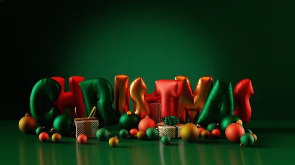 Palabra Navidad Globos Colores Sobre Fondo Verde Feliz Navidad Feliz — Foto de Stock