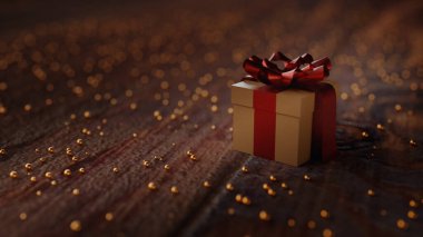 Karanlık ahşap arka planda sönmüş parıltılı Noel hediyesi kutusu. 3d hazırlayıcı