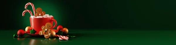 Банер Червоним Кухольком Какао Імбирним Чоловіком Печивом Зефір Темно Зеленому — стокове фото