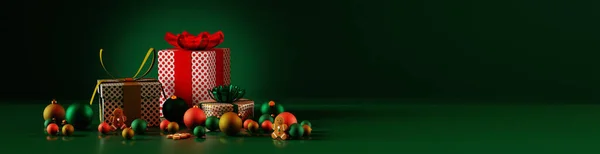 Прапор Подарунковими Коробками Різдвяною Прикрасою Темно Зеленому Тлі Візуалізація — стокове фото