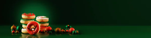 Banner Στοίβα Από Διάφορα Χριστουγεννιάτικα Ντόνατς Σκούρο Πράσινο Φόντο Απόδοση — Φωτογραφία Αρχείου