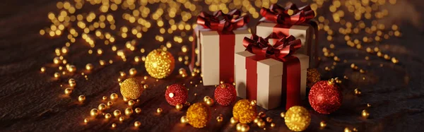 Χριστουγεννιάτικο Κουτί Δώρου Defocused Glitters Σκούρο Ξύλινο Φόντο Απόδοση — Φωτογραφία Αρχείου
